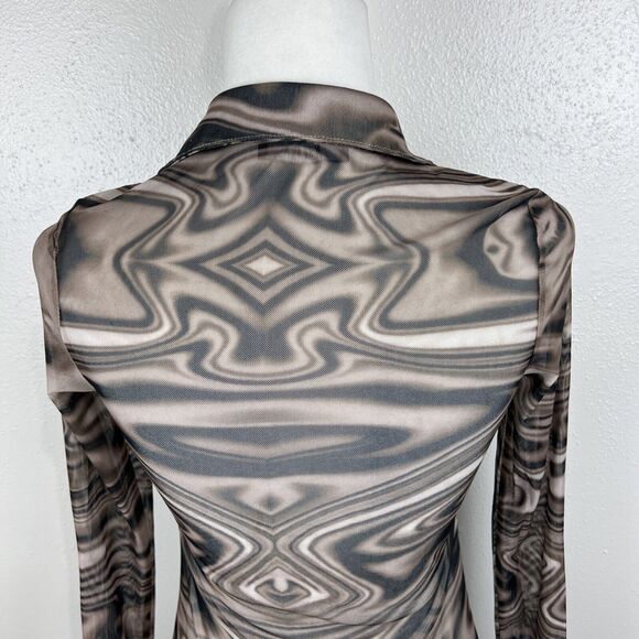 Miss Lola Dress Women Small Brown Retro Mesh Long Sleeve Button Up Casual Mini - Picture 13 of 15